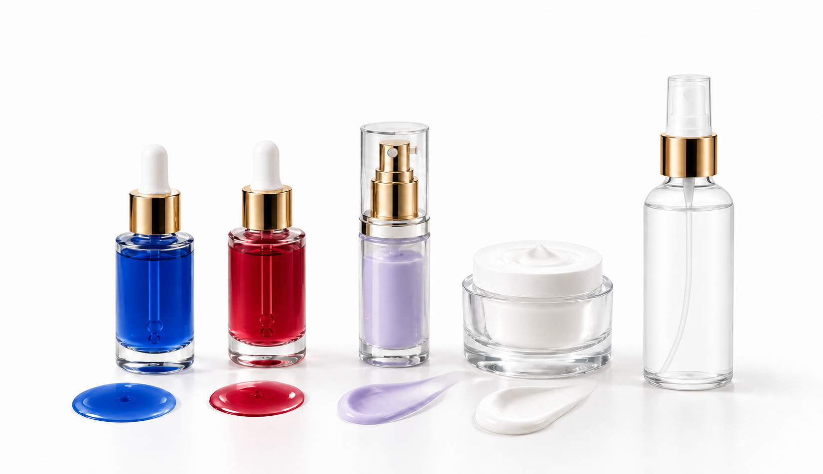 The complete SKINPROS five-formula system: GHK-Cu Serum, Lipocore X, GHK-Cu Luxury Eye Cream, NAD+ Barrier Face Cream, and L-Glutathione Facial Mist, shown together with their formula colors