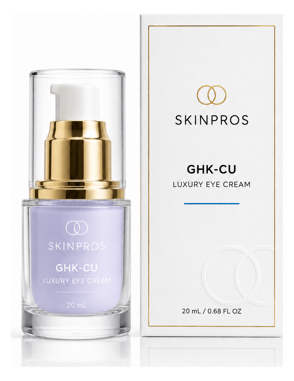 SKINPROS GHK-Cu Luxury Eye Cream, lavender pump bottle with gold collar next to its retail box
