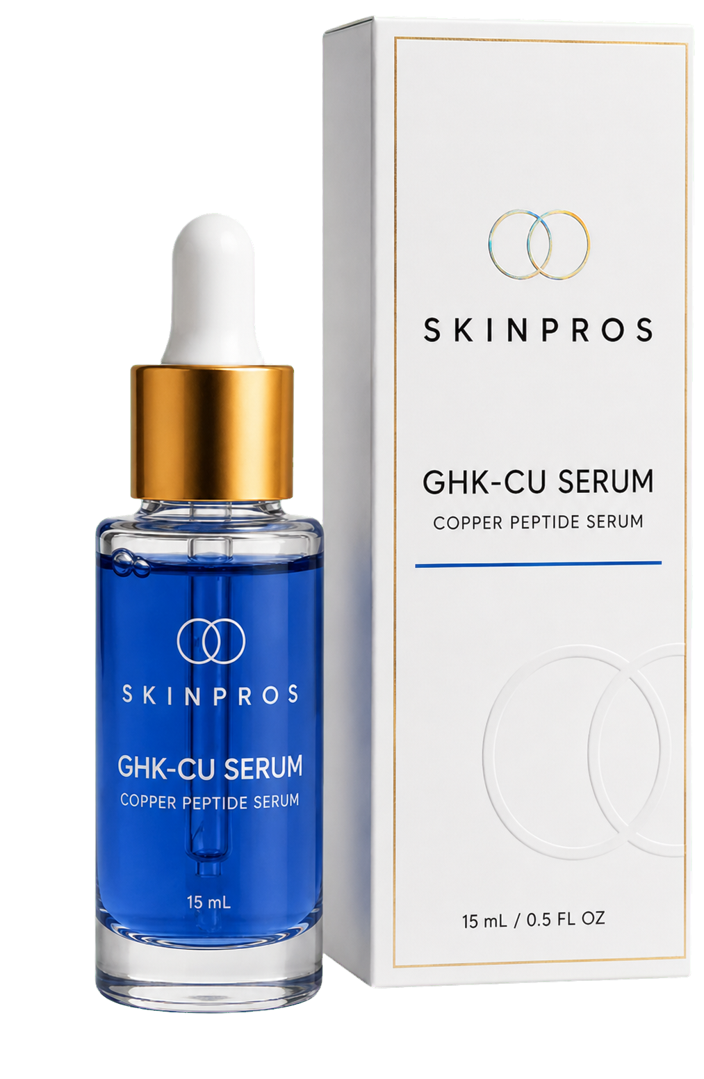 SKINPROS GHK-Cu Serum, Copper Peptide Serum, blue glass dropper bottle with gold collar next to its retail box