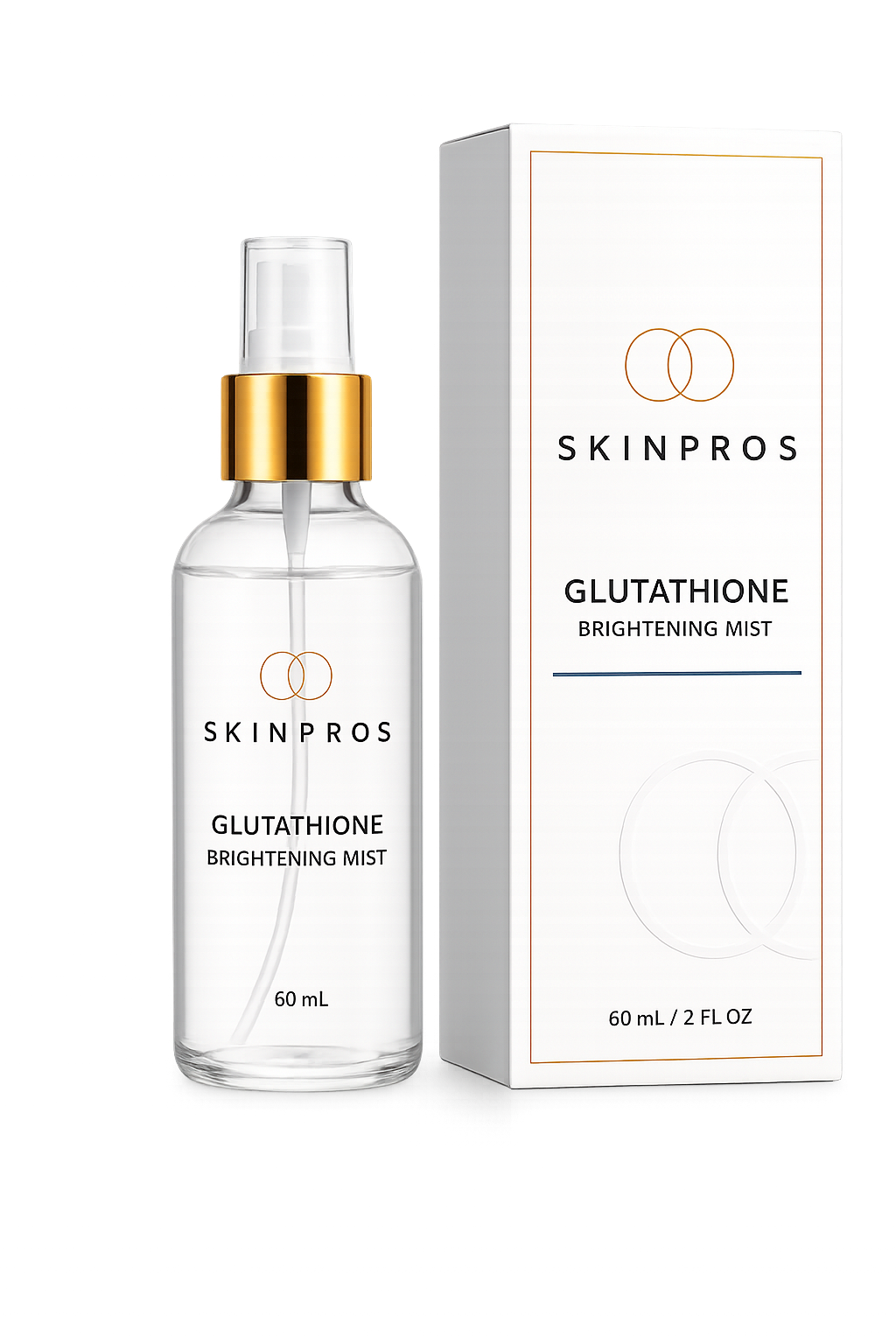 SKINPROS L-Glutathione Facial Mist, clear glass spray bottle with gold collar next to its retail box