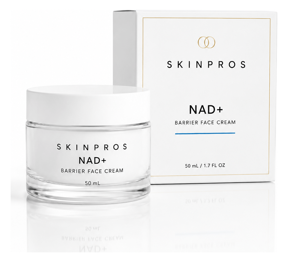 SKINPROS NAD+ Barrier Face Cream, glass jar with white lid next to its retail box