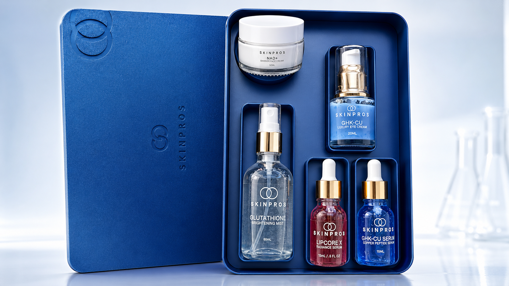 The SKINPROS Complete System in its navy case: GHK-Cu Serum, Lipocore X, GHK-Cu Luxury Eye Cream, NAD+ Barrier Face Cream, and Glutathione Brightening Mist